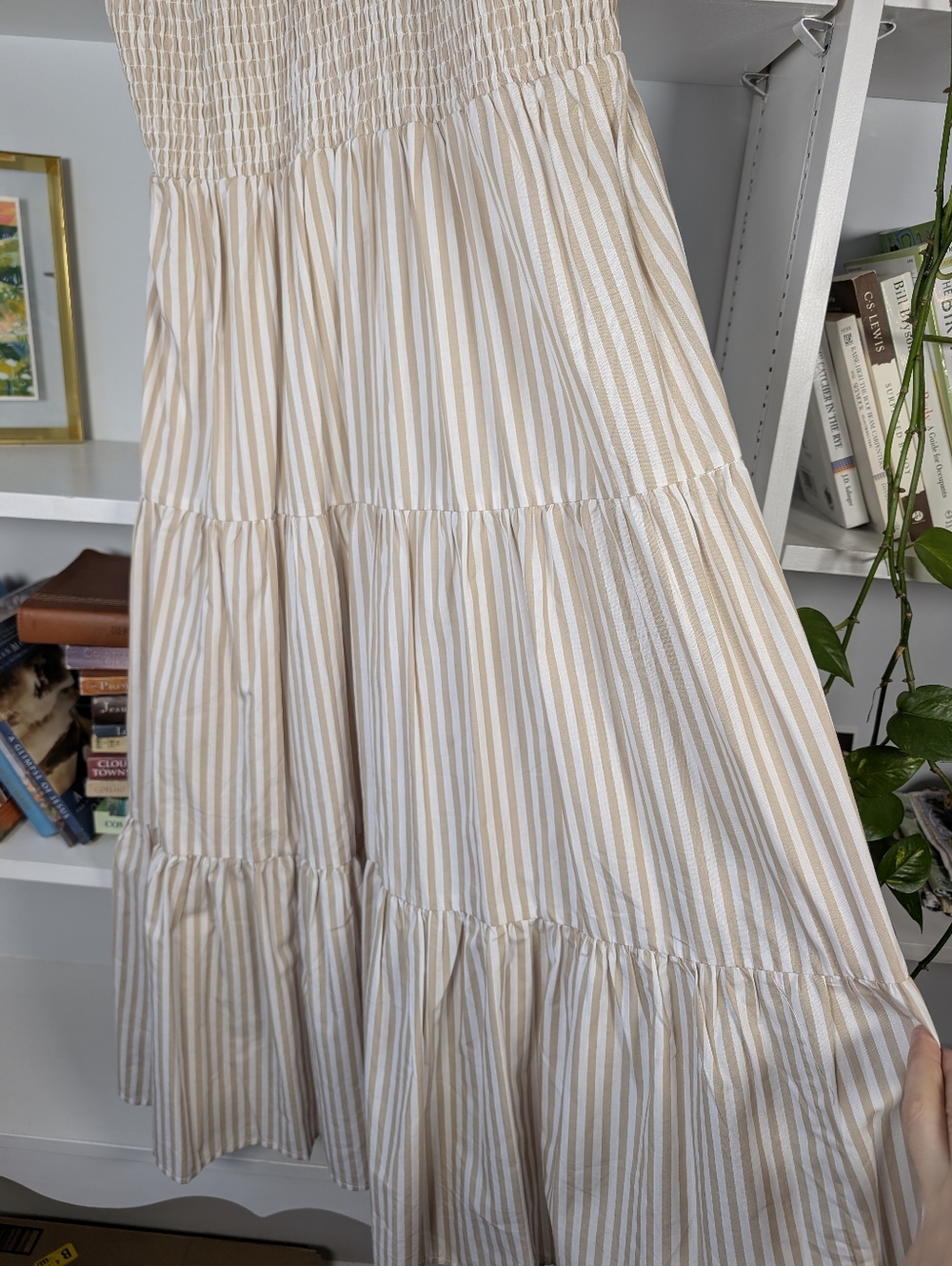Halter Midi Dress Cream and Tan Striped Size Tiered Skirt Medium Sundress Beachy - Picture 3 of 7